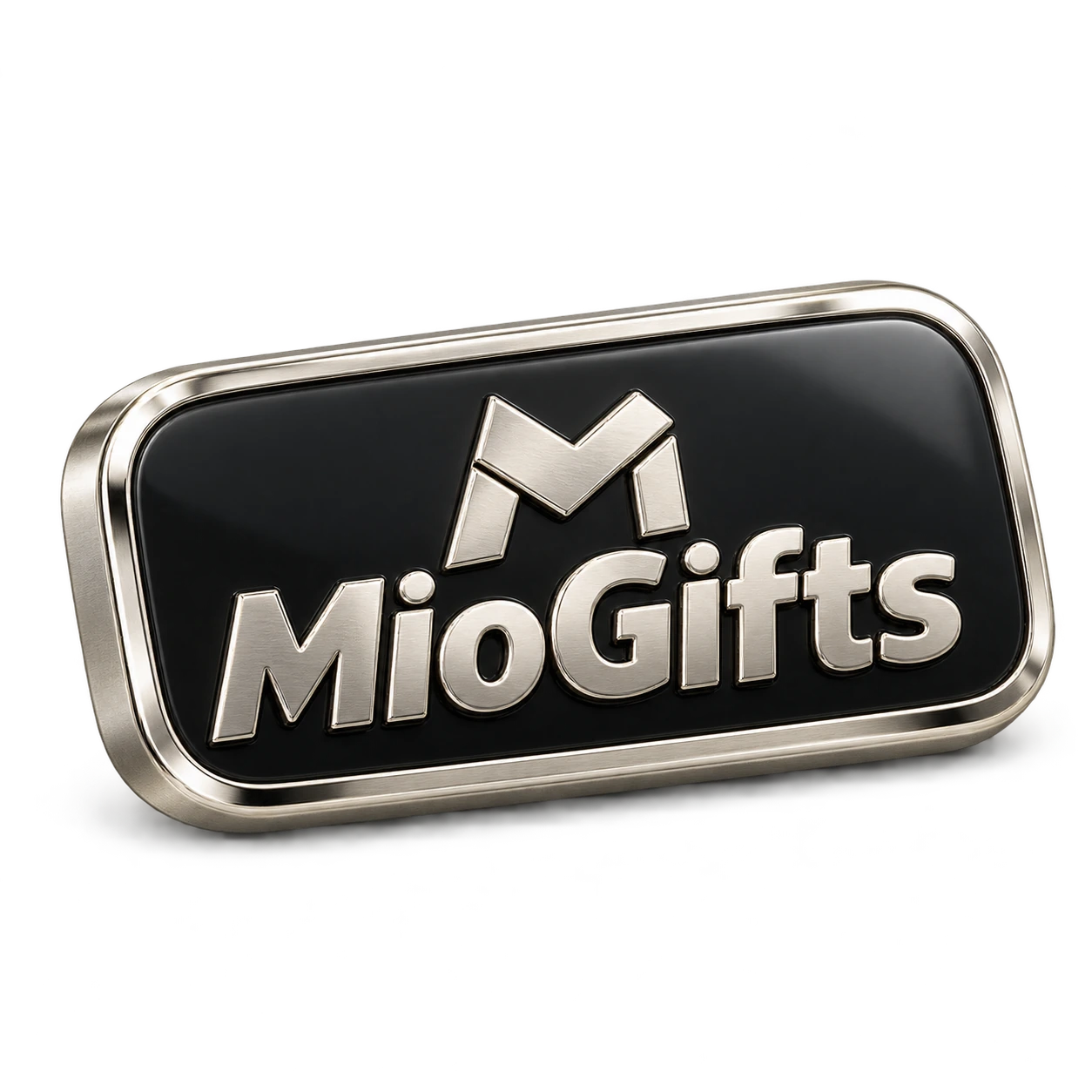 Концепция значка MioGifts: серебристые буквы и монограмма на тёмной эмали